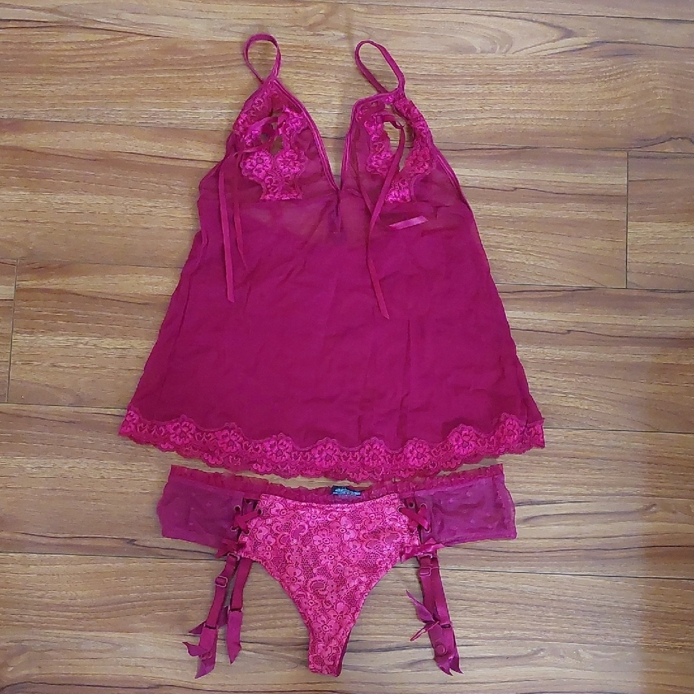 Victoria's Secret Fuchsia Lace Chemise and Matching Brief Set